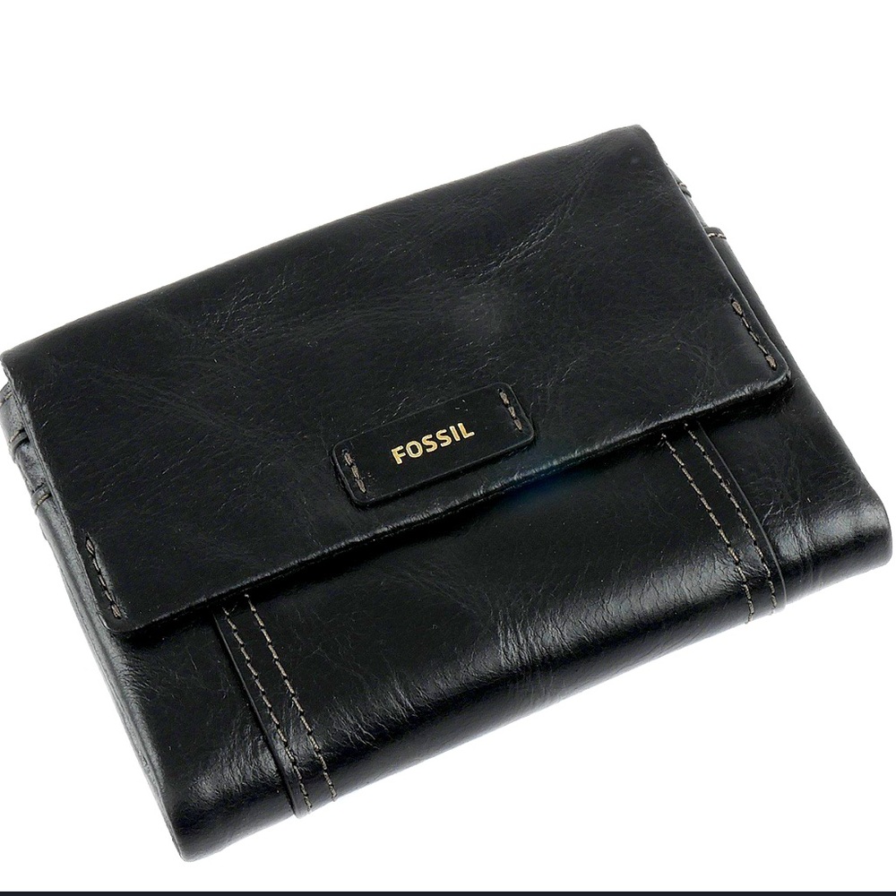 FOSSIL Leather Black  Multifunction ELLIS Modified Tri-Fold Card Coin Wallet